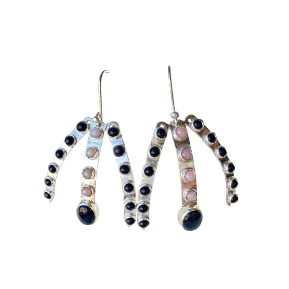 Spiky Black Onyx & Pink Opal Sterling Silver Handmade Earrings - Picture 4 of 7